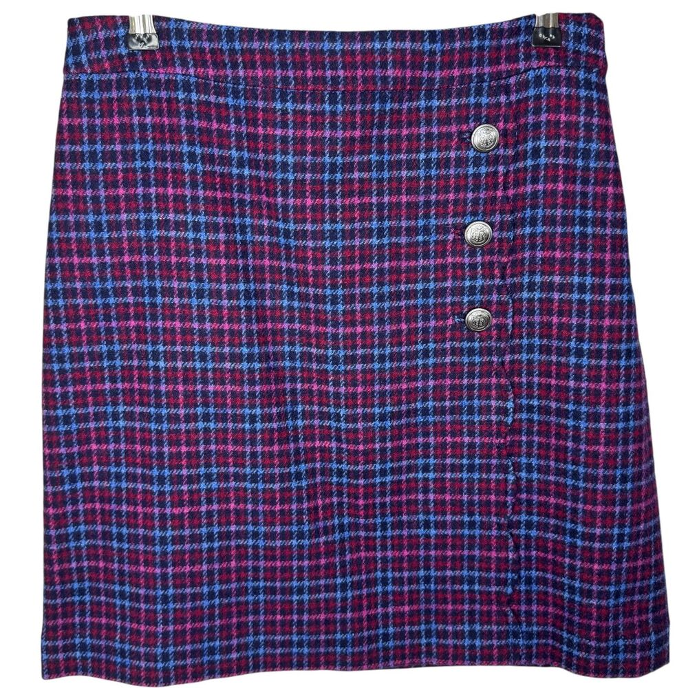 Talbots Petite blue and pink plaid wool faux wrap pencil skirt Side zip Size 4P